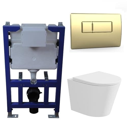 Image of Verona Matt White Wall Hung Rimless Toilet with Soft Close Seat Brass Pneumatic Flush Plate 820mm Frame & Cistern