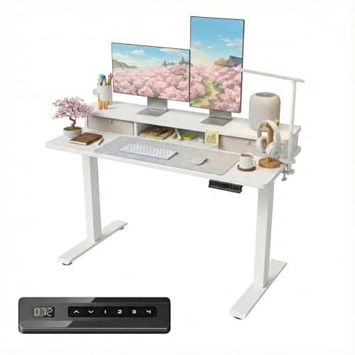 Image of FEZIBO Height Adjustable Electric Standing Desk with Double Drawer, 120 * 60cm Stand Up Table with Storage Shelf, Sit Stand Desk with Splice Board, White Frame/White Top