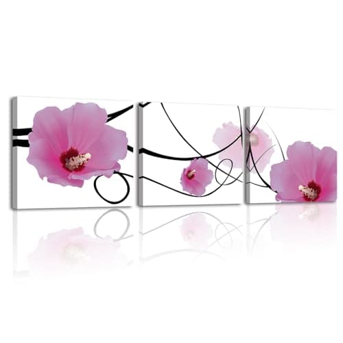 Image of Piy Painting 3 Panels Canvas Wall Art Modern Flora Pictures For Living Room Flower Artwork Pink Decorative Canvas Paintings For Bathroom Bedroom Framed Ready To Hang(12×12inch)