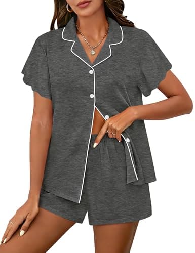 Image of SWOMOG Pyjama Sets for Women 2 Piece Short Sleeve Sleepwear Button Down Soft Pjs Ruffle Sleeve Lounge Sets with Pockets Deep Grey Small