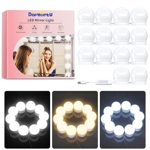Image of daphomeu Mirror Lights 14 Bulbs, Hollywood Mirror Light Kit, Vanity Lights Perfectly Hidden Cables, 3 Colors and 10 Intensities, USB Make up Lamp for Dressing Table, Bathroom, Bedroom