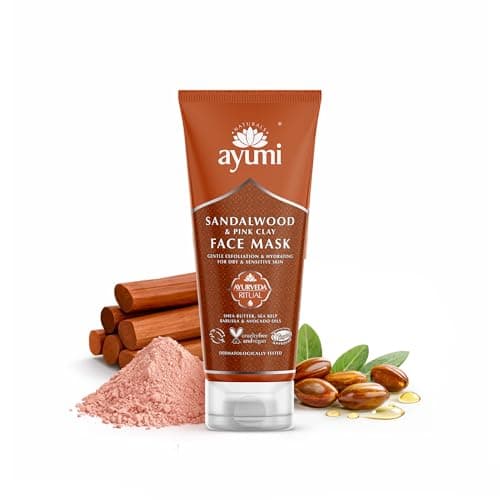 Image of Ayumi Sandalwood & Pink Clay Face Mask | Hydrating Face Mask with Organic Shea Butter | Gentle Face Exfoliator Mask | Sensitive Skin FacePack with Avocado Oil | Natural Mask for Face Care |1x100ml