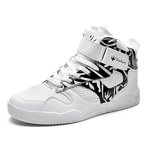 Image of FZUU Men's Fashion High Top Leather Street Sneakers Sports Casual Shoes, White/Black, 6 UK
