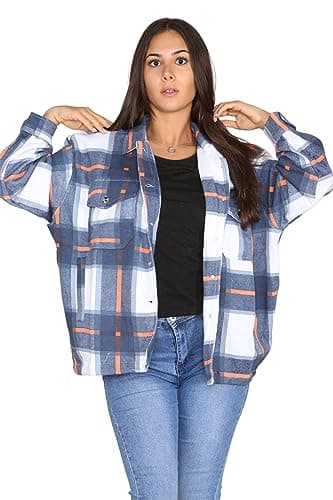 Image of GW CLASSY OUTFIT Womens Check Fleece Casual Jacket Shacket Ladies Oversize Baggy Check Print Long Sleeve Coat Tunic Top with Pockets (M-L, Navy)