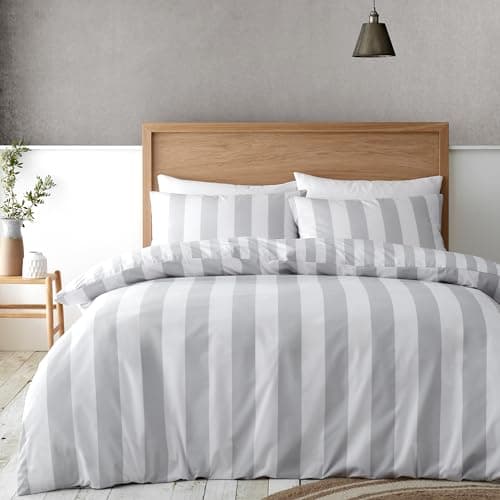 Image of Catherine Lansfield Cove Stripe Reversible Single Duvet Cover Set with Pillowcase Silver Grey