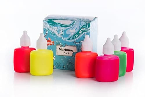 Image of Scola Marbling Ink, 6 Assorted Fluorescent Colours, 25ml Bottles, Marbled Patterns, School Supplies, Art and Crafts Projects, Children's Craft Projects, For Kids