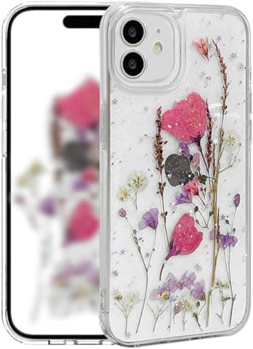 Image of Riccase for iPhone 12/12 Pro Case Clear with Real Dried Flower, Shockproof Transparent Soft TPU Protective Bumper Slim Glitter Cute Floral for iPhone 12/12 Pro Phone Case, Pink Flower