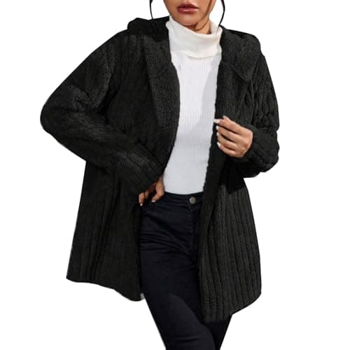 Image of Women's Fleece Jacket Warm Winter Teddy Jacket Soft Borg Coat Hooded Sweatshirt with Buttons and Pockets Loose-Fitting Sherpa Cardigan Outerwear Black M