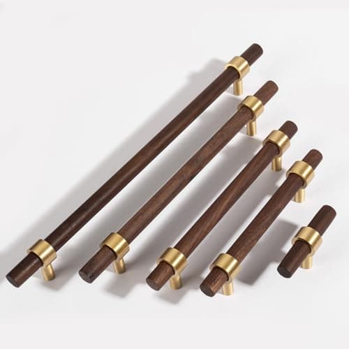 Image of Guolich 2 Pcs Kitchen Drawer Handle Door Cabinet Pulls Brass Metal+Beech Handle Modern White Hardware for Wardrobe Bathroom Dresse (Dark Brown, 96MM)