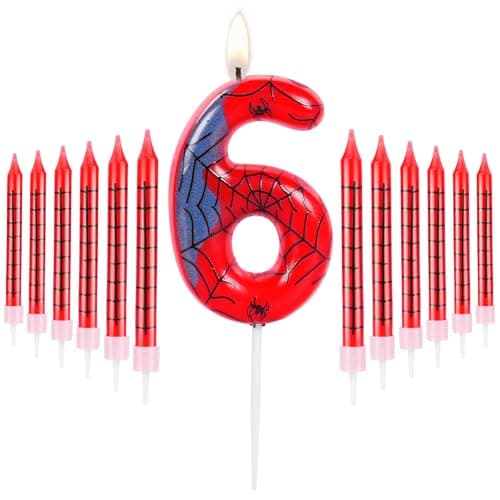 Image of URAQT Birthday Candle 3D Shape, Blue Red Candles with Spider Web, Spider Birthday Number 6 Candle Decoration,Suitable for Spider Theme Birthday Anniversary Wedding Party Graduation Party