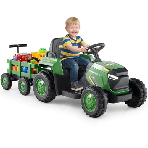 Image of Maxmass Kids Ride on Tractor and Trailer, 12V Battery Powered Electric Construction Toy Car with Remote Control, USB, LED Headlights, Horn, Children Ride on Bulldozer for 3-8 Years Old (Dark Green)