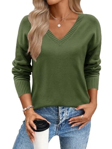 Image of Zeagoo Ladies Jumpers Long Sleeve V Neck Sweaters Casual Knitted Sweatshirt Soft Warm Pullover Basic Solid Tops for Autumn Winter Army Green S