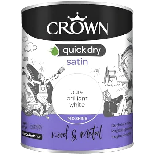 Image of AMK® Crown Quick Dry Satin Paint 750ml Pure Brilliant White Water Based Interior Wood Metal Finish Low Odour Non Yellowing Durable Wipeable Mid Sheen Trim Skirting Doors Frames