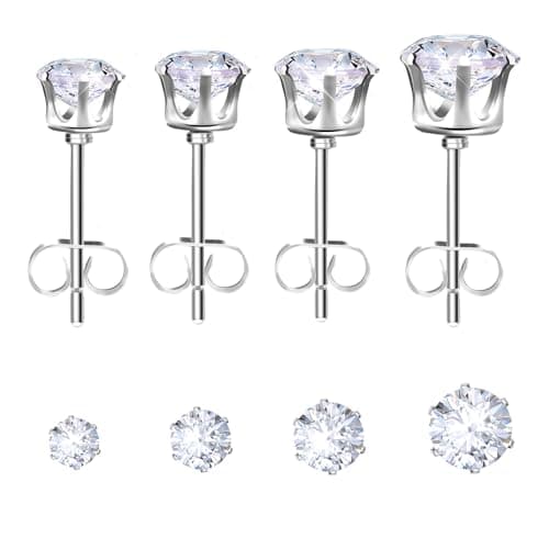 Image of 4 Pairs Cubic Zirconia Stud Earring Set Silver Earrings Sleeper Cartilage Earrings for Women Men 3A Cubic Zirconia Size 3/4/5/6mm