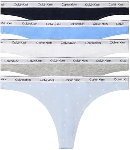 Image of Calvin Klein Women THONG 5 PK BLUE (SHORELINE/BLUE DESCENT/WHITE/GRE) S