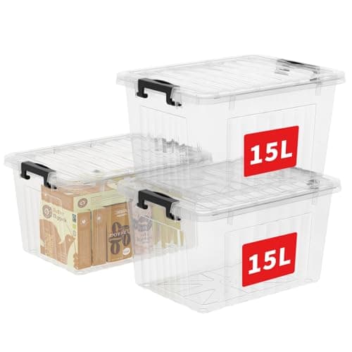 Image of Cetomo 15L*3 Storage Boxes with Lids, Plastic Storage Box with Secure Side Latches, PP Nestable and Stackable Clear Organizer for Home, Office, Moving, Transparent, 15L-3 Pack