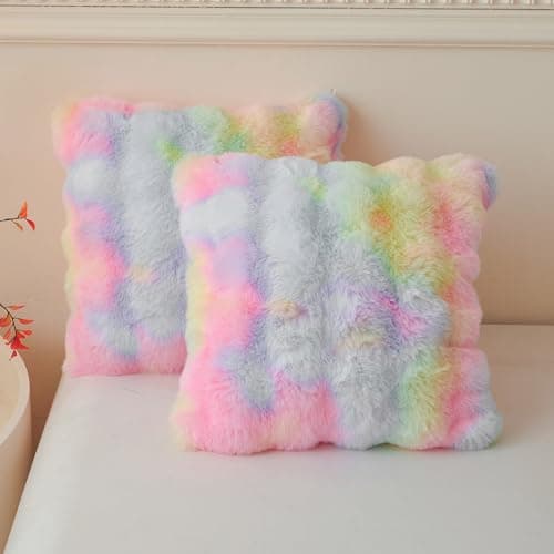 Image of LIFEREVO 2 Pieces Fluffy Faux Rabbit Fur Cushion Covers 45x45cm, Luxury Plush Shaggy Bubble Colorful Square Throw Pillow Covers, Tie Dye Home Decor Pillow Shams for Bed Couch Sofa Chair, Rainbow