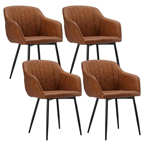 Image of Goeurvant Dining Chairs Set of 4 PU Leather Kitchen Chairs with Armrests Upholstered Chair with Metal Legs Brown