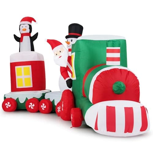 Image of COSTWAY Inflatable Christmas Santa Claus, Self Inflating Xmas Decoration with LED Lights and Blower, Blow up Christmas Decor for Indoor Outdoor (Red + Green Train)