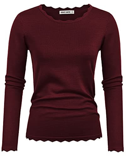 Image of GRACE KARIN Women Winter Jumpers Long Sleeve Crew Neck Slim Fit Sweater Knitted Tunic Tops Elegant Daily Outfits S Size 8 Dark Red