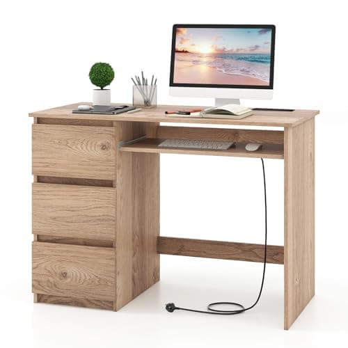 Image of SFAREST Wooden Computer Desk, 106 x 50cm Large Laptop Table with 3 Drawers, Keyboard Tray, Type-C & USB Ports and 150cm Power Cord, Home Office Workstation Desk for Gaming Studying Working