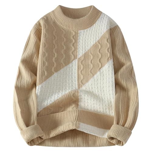 Image of Men's Cardigan Sweater Mens Fashion Knitted Crewneck Striped Pullover Sweater Soft Winter Warm Color Block Sweaters (Khaki, L)