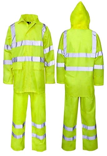 Image of Adult High Visibility Hooded Rainsuit, 2 Piece Set Hi Viz VIS Rain Suit Overalls Coverall Jacket & Trousers Waterproof Overalls PVC Work Wear Rain Wear UK Plus Big Size (Large, Neon Yellow)