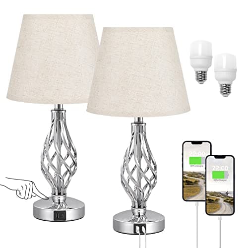 Image of Aooshine Touch Table Lamps Set of 2, Bedside Lamp with USB-C USB-A Ports, Bedroom Lamps with Beige Shade and Spiral Cage Design Base, 3 Way Dimmable Table Lamp for Bedroom Living Room and Hotel