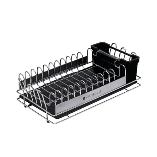 Image of MasterClass Small Stainless Steel Dish Drainer Rack with Cutlery Drainer, 41 x 22 x 13 cm, Silver/Black