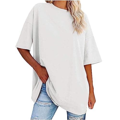 Image of Womens Oversized T Shirt Ladies Summer Tops T-Shirt Plus Size Womens T Shirts Cotton Tshirts Workout Golf Hiking Cotton Shirts for Women UK White XXL