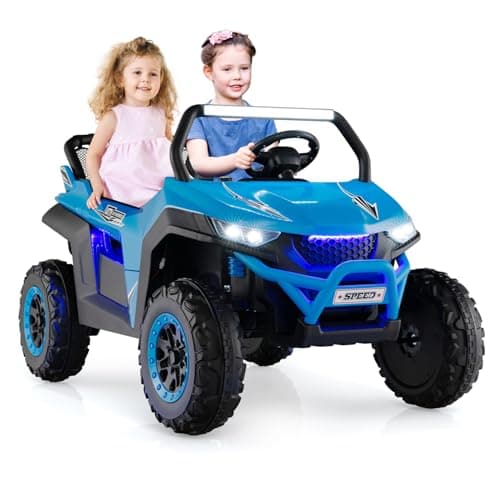 Image of GYMAX Kids Electric UTV, 2-Seater 12V Battery Powered Toy Car with Remote Control, Lights, Bluetooth, MP3, USB, FM, High/Low Speed & Suspension Spring, Children Ride on Car for 3-8 Years Old (Blue)