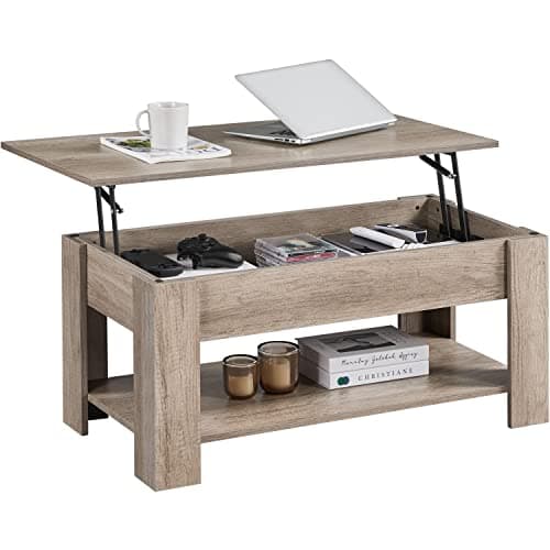 Image of Yaheetech Lift Up Coffee Table, Wooden Lifting Coffee Table with Hidden Storage Drawer and Open Shelf, Space-saving Tea Tables for Living Room/Reception, Gray