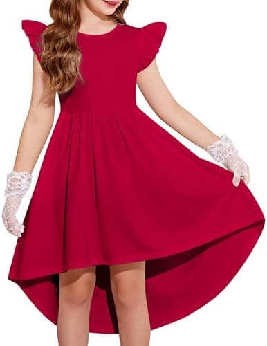 Image of Arshiner Girls Dress Flying Sleeve Kids Dresses Summer Ruffle Sleeve High Low Dress Round Neck Elegant Party Dresses for Girls 9-10 Years Red