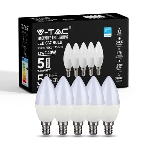 Image of V-TAC E14 LED Candle Bulbs | 5.5W (Equivalent to 40W) Candle Light Bulbs | Edison Small Screw Light Bulb | Samsung Chip Non Dimmable E14 Candle Bulb | 6400K White | Pack of 5