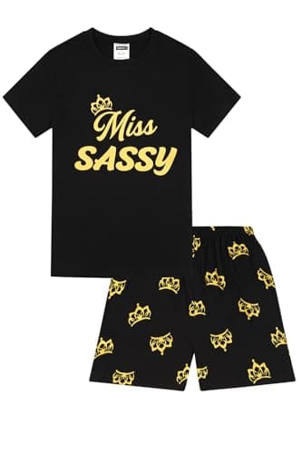 Image of ThePyjamaFactory Girls Miss Sassy Gold Short Cotton Pyjamas PJs For Kids (9-10 Years)