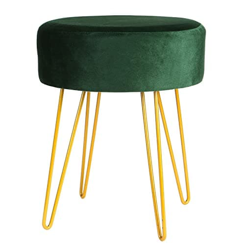 Image of Harbour Housewares Velvet Round Foot Stool - Green with Gold Legs - Small Modern Dressing Table Pouffe Footstool Vanity Seats Vanity Chairs Footstools for Living Room, Bedroom