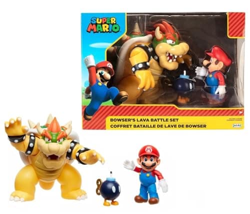 Image of Nintendo Mario vs. Bowser Lava Battle 7" / 18 cm Playset, Officially Licensed by Jakks Pacific, Articulated Bowser, Mario and Bom-Omb Action Figures. Perfect For Kids Aged 3+