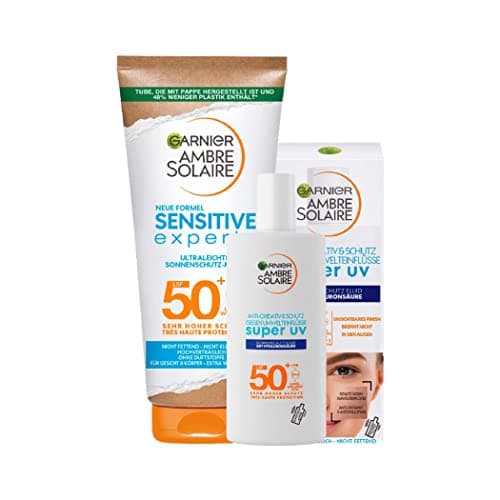 Image of Garnier Sun Protection Set for Face and Body with Sun Protection Fluid SPF 50+ and Sun Lotion SPF 50+, Light and Invisible Formula, Ambre Solaire, 2 Pieces