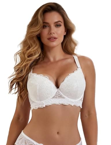 Image of comeondear Push Up Bras for Women Underwired Padded Bras Support Lace Bras Balconette Wide Back Bras Ladies Full Coverage Bras Minimiser Bras Breathe Soft White 34D