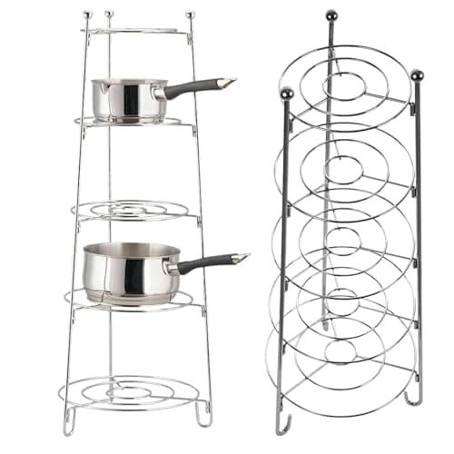 Image of AAMEN 5 Tier Silver Pan Rack, Pan Stand, Pan Organiser, Multi Layer Kitchen Shelf, Durable Chrome Wire Shelves, Fre Standing Stainless Steel Pot Holders (80cm x28cm)