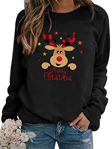 Image of WIEIYM Christmas Sweatshirt Women Reindeer Graphic Print Jumper Long Sleeve Shirt Unisex Pullover Causal Crewneck Sweat Tops for Women/Men S-XXL Black