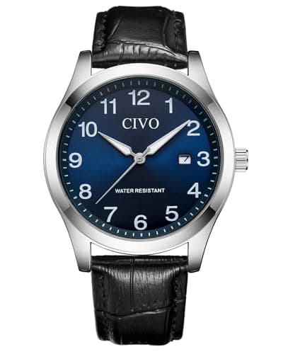 Image of CIVO Easy Read Watches for Men: 40mm Clear Face Black Leather Strap - Waterproof Analogue Wrist Watch with Luminous Hands Date for Seniors with Poor Eyesight