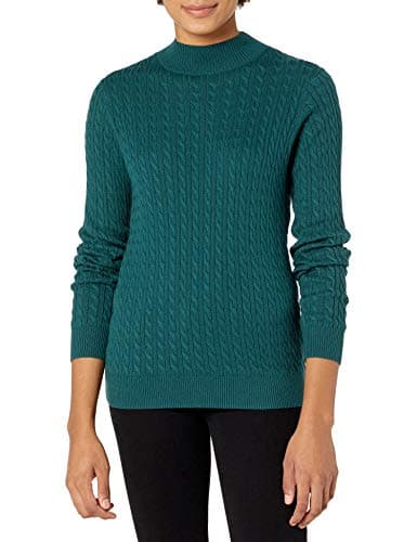 Image of Amazon Essentials Women's Lightweight Long Sleeve Classic Cable Knit Funnel Neck Jumper, Forest Green, XS