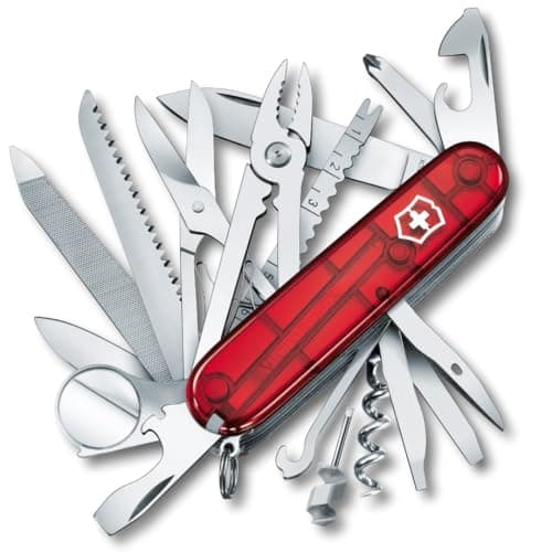 Image of Victorinox Swiss Champ Swiss Army Knife, Medium, Multi Tool, 33 Functions, Blade, Scissors, Red Transparent