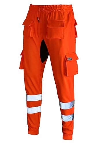 Image of SEA3 Men's Hi Viz Vis High Visibility Fleece Slim Fit Work Cargo Painter Trousers Joggers Bottoms, Orange - XL