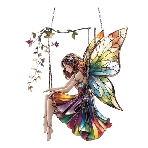 Image of Dreamy And Gorgeous Stained Glass Acrylic Fairy Swing Ornament Light Up Your Home And Festival Atmosphere Ornament String Hangers (One Size)