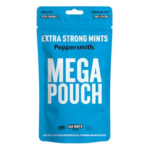 Image of Extra Strong Peppermint Mints - Sugar Free 100% Plant Based Xylitol - Fresh Breath - Benefits Oral Health, Reduce Plaque, Kills Bacteria - Aspartame Free - Mega Pouch 560 Mints - By Peppersmith