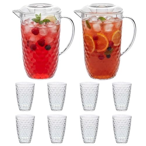 Image of UNIQUE HOME LIVING Clear Acrylic Pitcher 2 Litre Water Jug with Lid, BPA-Free, 2 Juice Jugs with 8 Cups Set for Iced Tea, Lemonade, Cocktails, Cold Beverage Carafe for Fridge - Diamond Design