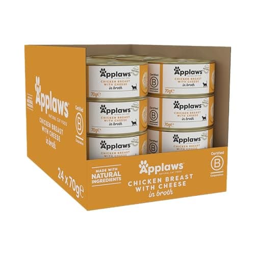 Image of Applaws 100% Natural Wet Cat Food, Chicken with Cheese in Broth, 70 g Tin Cans (Pack of 24)