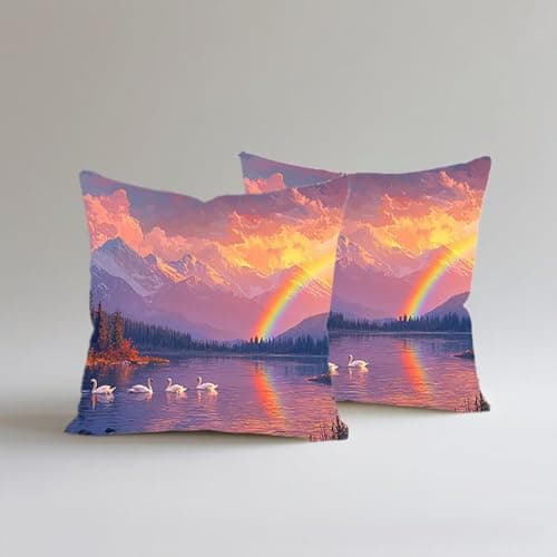 Image of Cushion Covers 45x45cm Set Of 2 Rainbow Cushion Cover Sofa Lake Cushions Decor Pillowcases, Double-Sided Printing,Outdoor Waterproof,Soft Decorative Throw Pillows, Bed And Home Decoration S0A-423